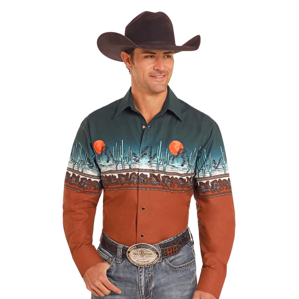 Panhandle Slim Men's Tooled Leather Border Print Western Snap Shirt