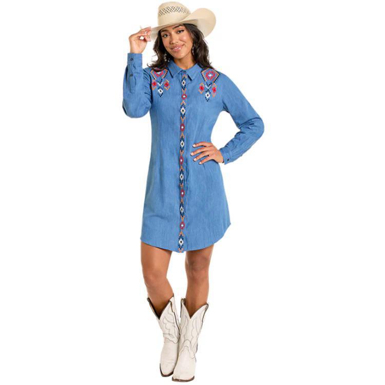 Panhandle Slim Women's Long Sleeve Chambray Embroidered Dress