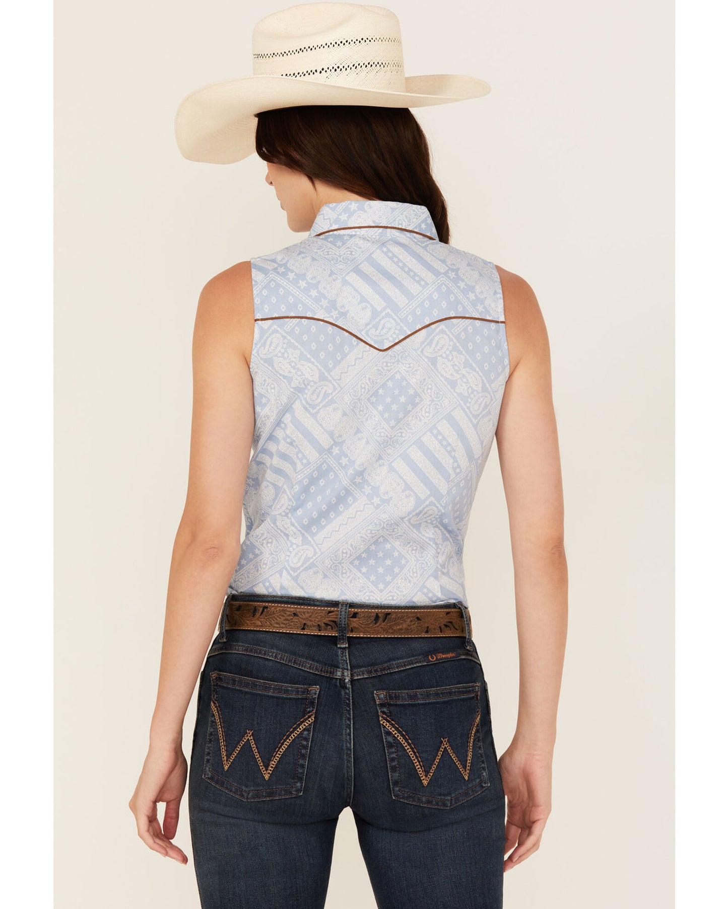 Panhandle Women’s Top Sleeveless Chambray Print Snaps