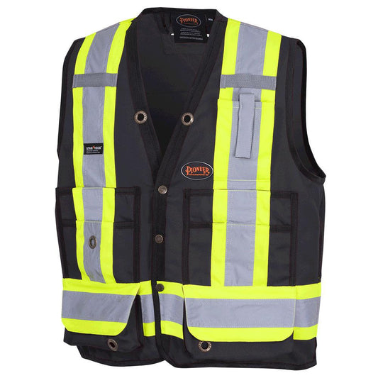 Pioneer Hi-Vis 150D Poly Twill Surveyor's Safety Vest With Snap Closure 6692-BLK, 6683-RED