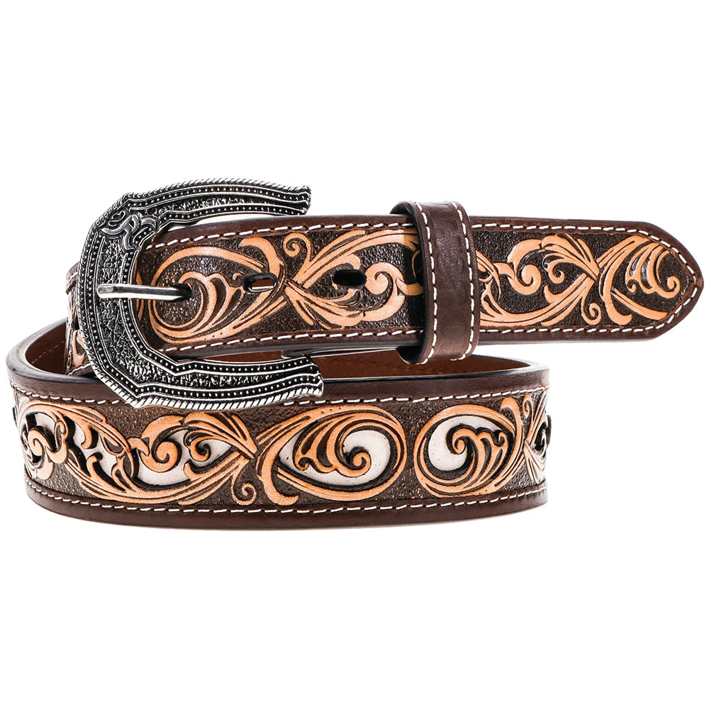 Hooey Brown/Ivory Hand tooled Roughy Belt