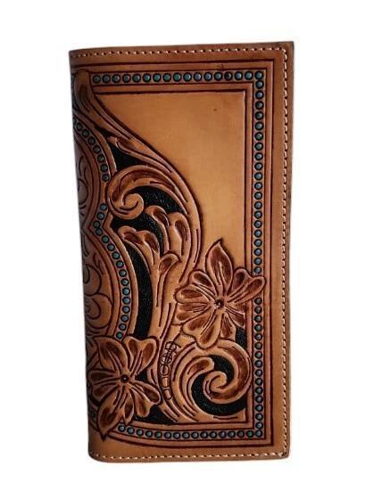 Ranger Belt Co Rodeo Wallet Western Tooled Tan Leather Turquoise Floral Inlay - Ranger Belt Co.