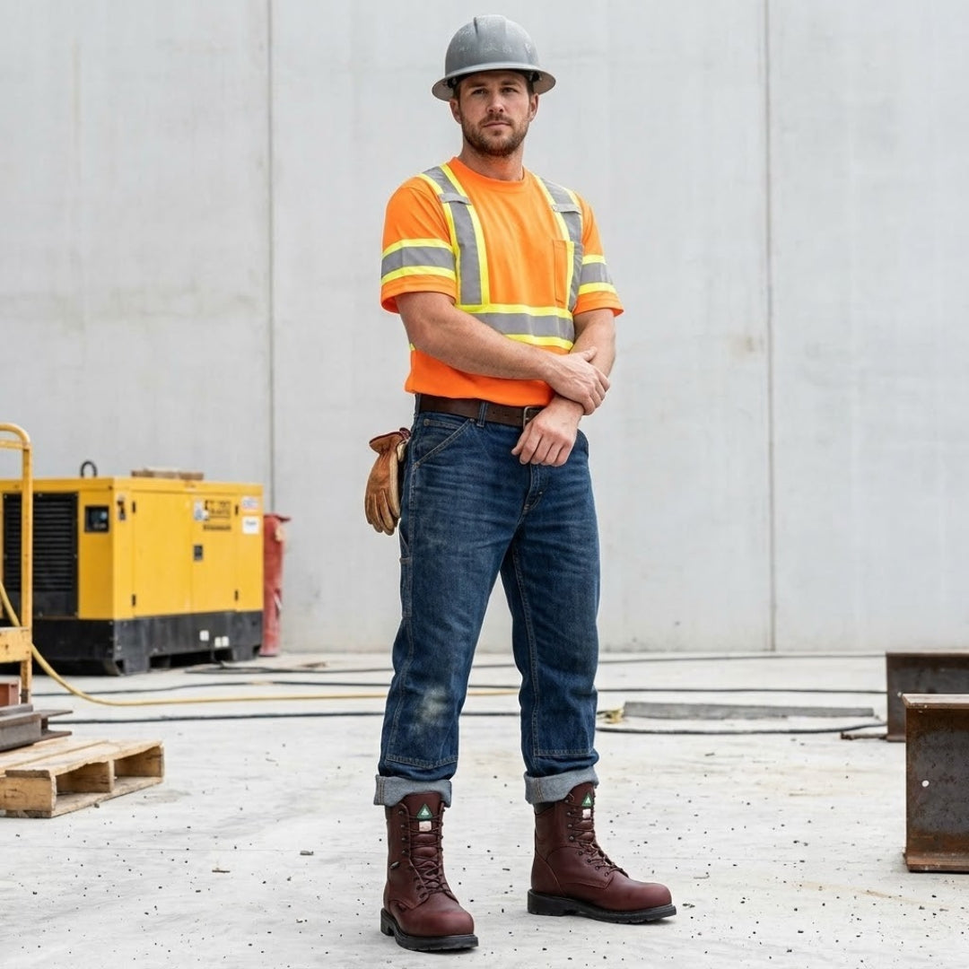 Red Wing 8-inch CSA steel toe boot in brown leather, worn by model on industrial site.