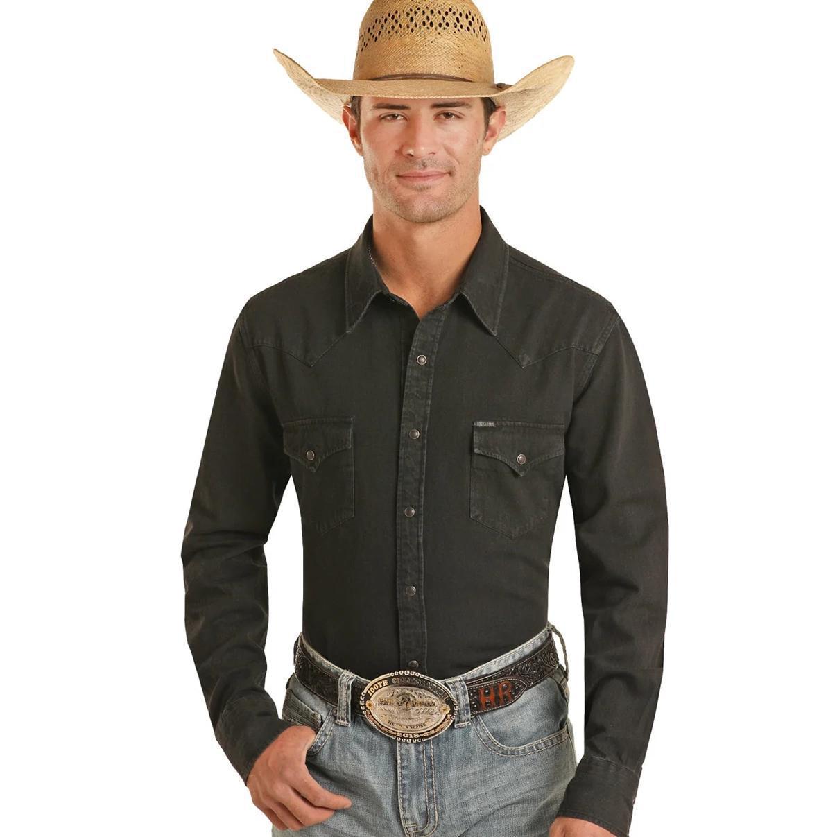 Rock & Roll Men's Cowboy Modern Fit Black Denim Solid Snap