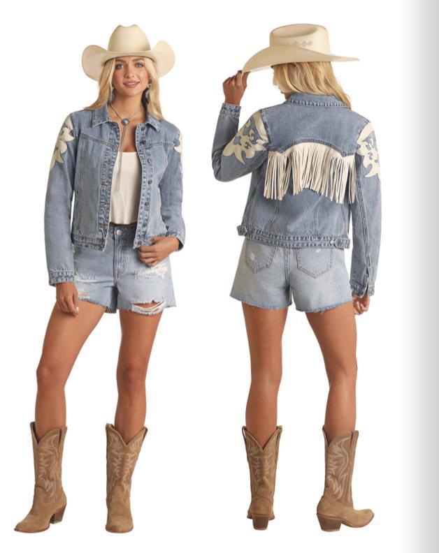 Rock&Roll Women's Light Wash Denim Ivory Pleather Fringe Jacket