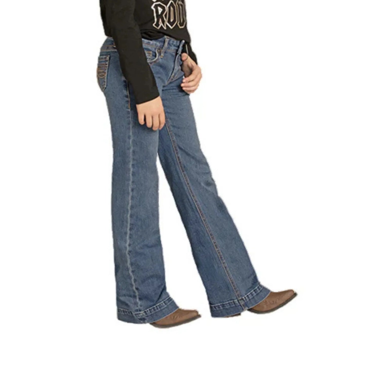 Rock & Roll Girl's Medium Wash Boot Stitch Raised Emblem Trouser Jeans