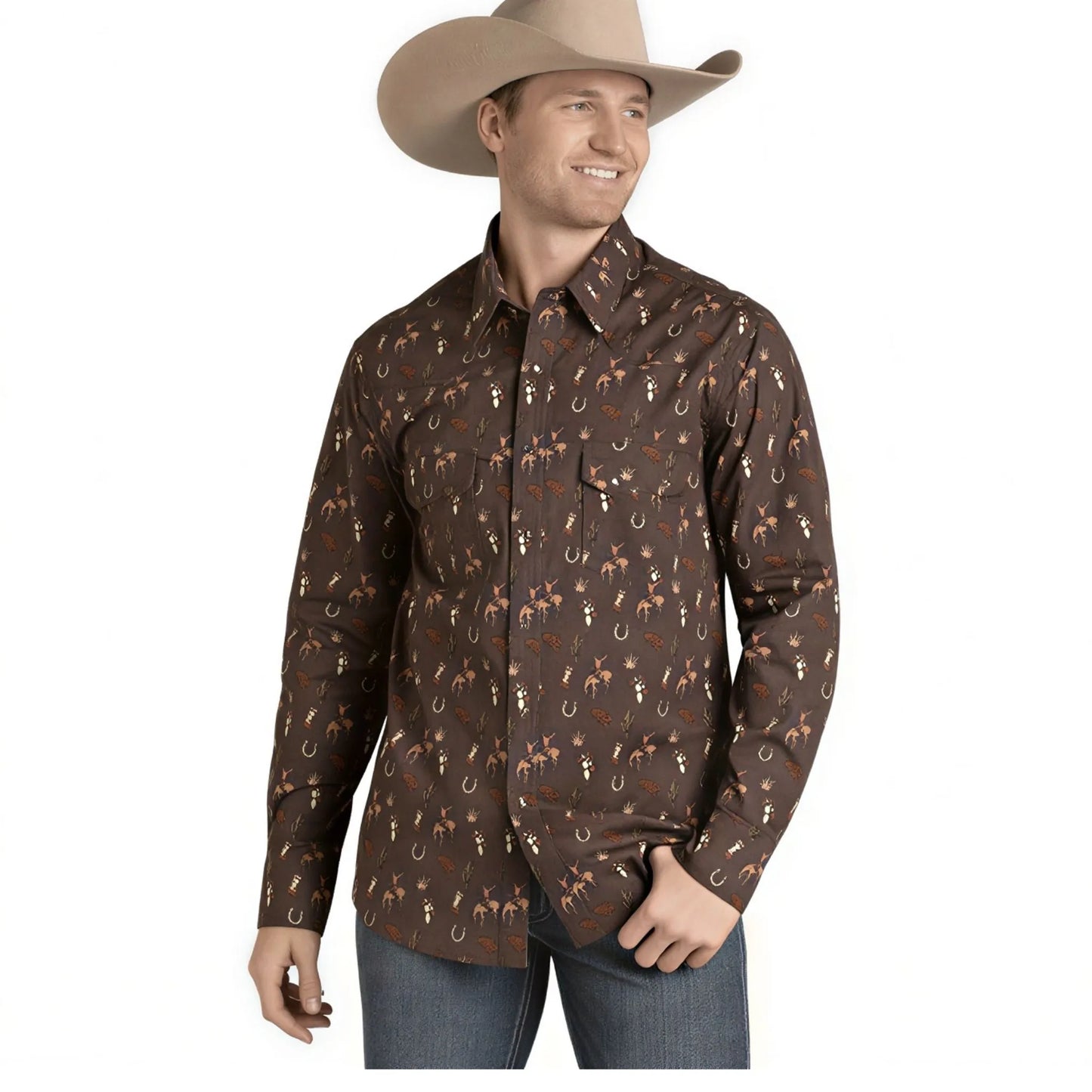 Rock & Roll Men's Print Long Sleeve Snap Up Shirt - Dark Brown weis-western-wear