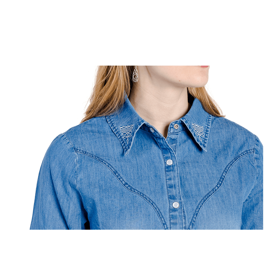 Rockin A Design Women's Boot Stitch Denim Pearl Snap Shirt - Rockin A Design