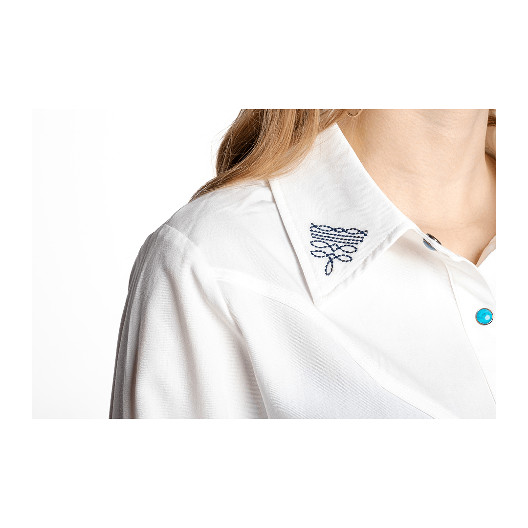 Rockin A Design Women's Boot Stitch Embroidered White Top With Turquoise Snaps - Rockin A Design
