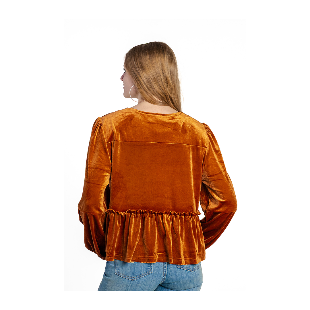 Rockin A Design Women's Rust Velvet Long Sleeve Peplum Top