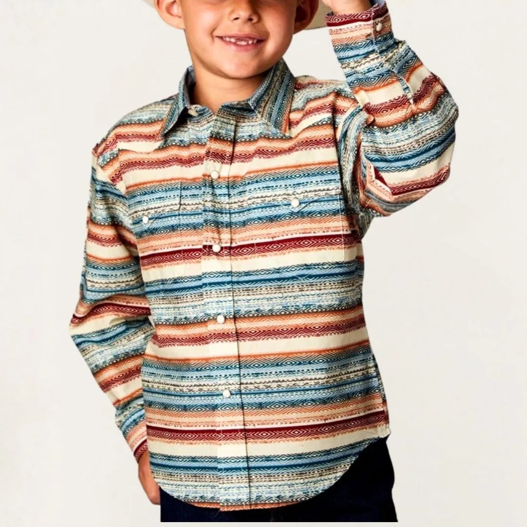 Roper Boy's Long Sleeve Distressed Aztec Print Snap Shirt-CLEARANCE