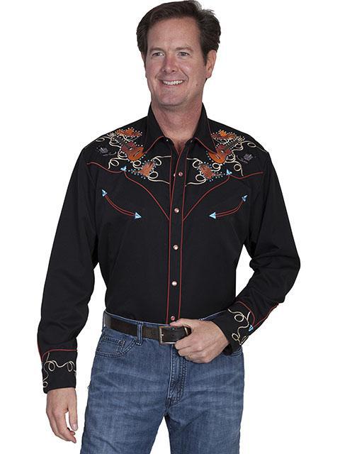 Scully Men's Boots,Hats Guitars Embroidered Western Shirt