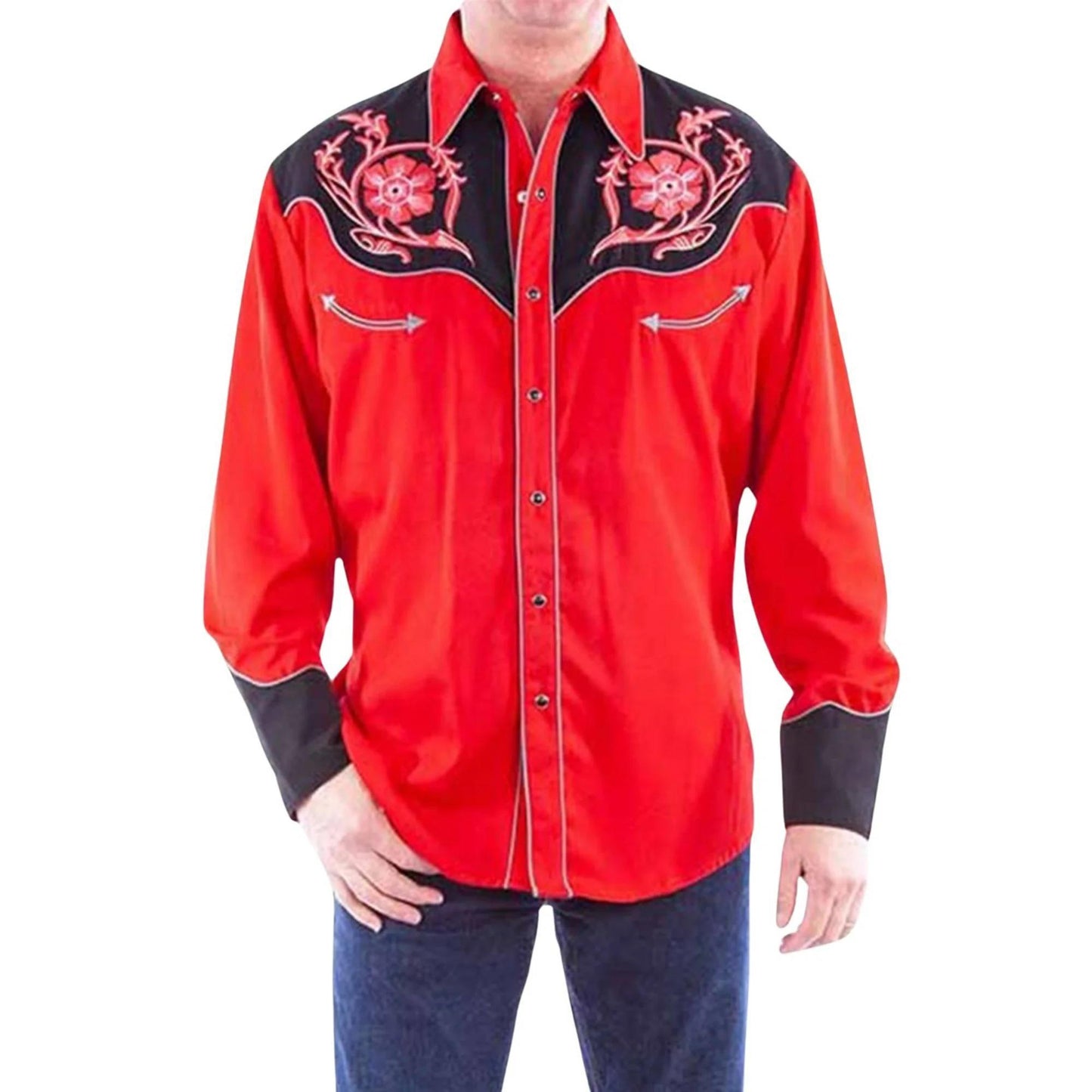Scully Men's Floral Embroidered Long Sleeve Snap Western Shirt In Red
