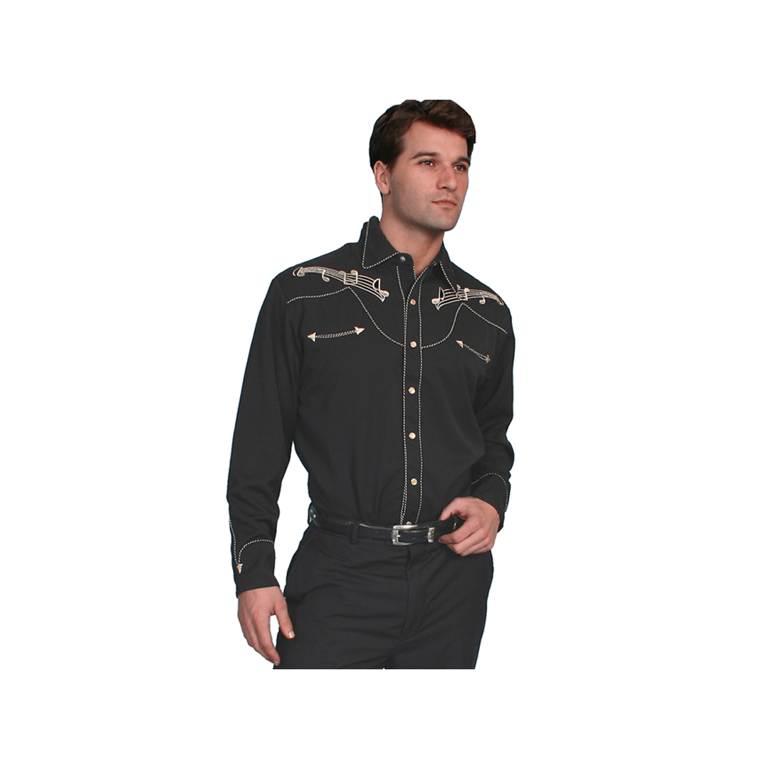 Scully Men's Gold Embroidered Music Notes Western Shirt - Scully