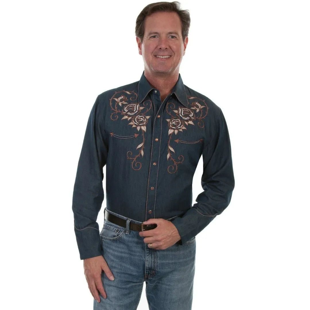 Scully Men's Poly/Rayon Roses Skull Long Sleeve Western Shirt - Scully