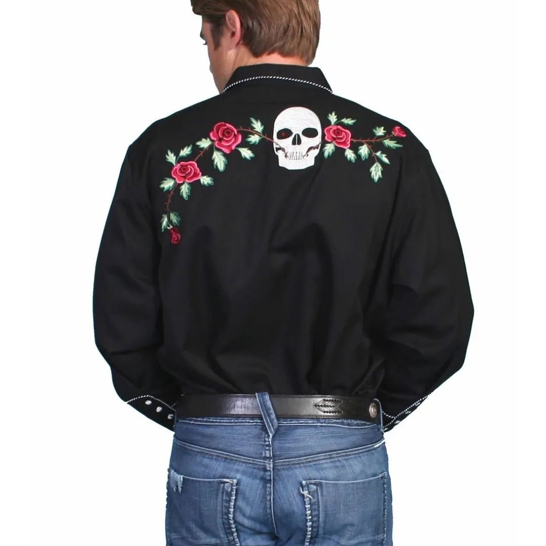 Scully Men's Shirt - Skull / Roses Embroidery - Black - Scully