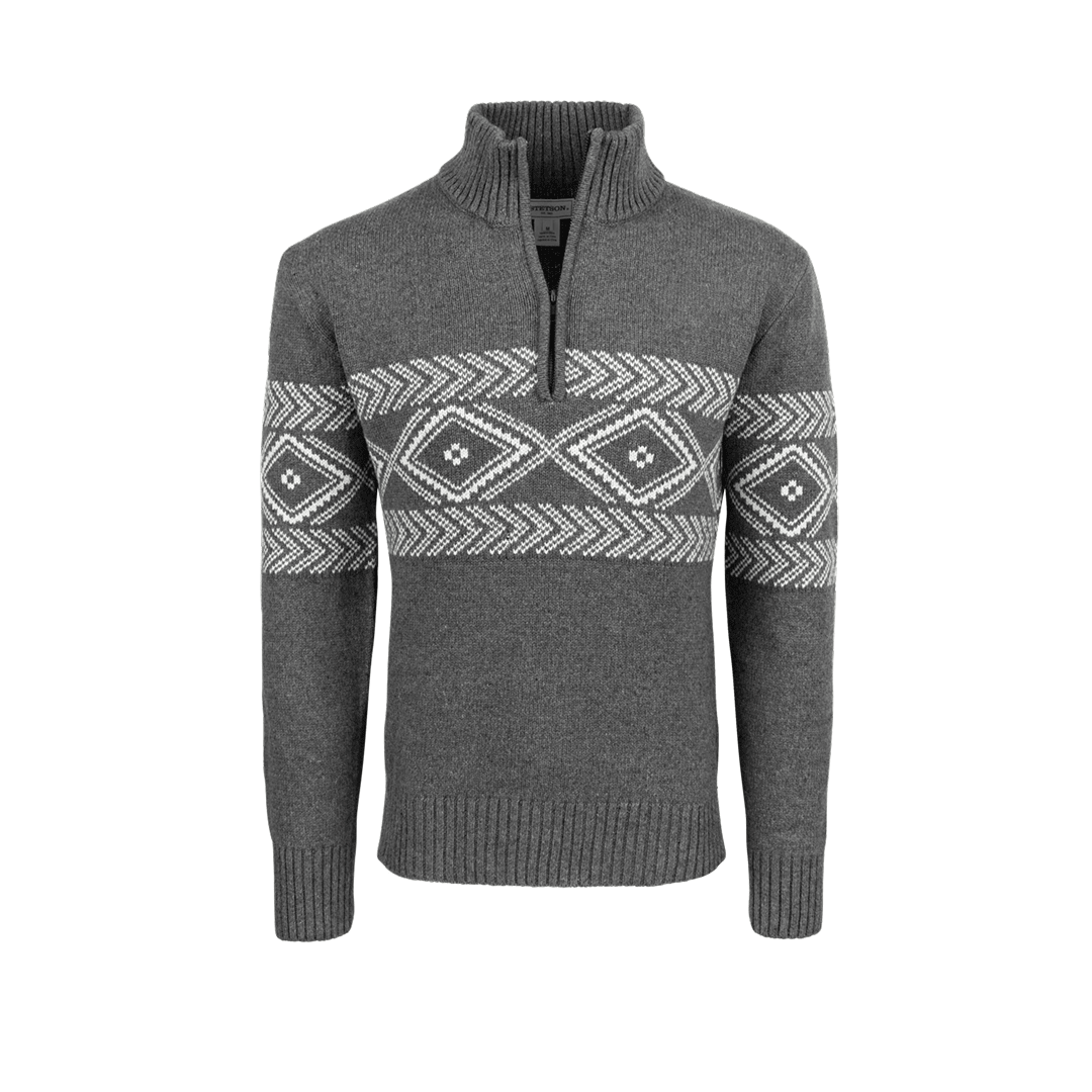 Stetson Mens 3/4 Zip Light Grey Horizonal Aztec Patterned Knit Sweater - Ariat