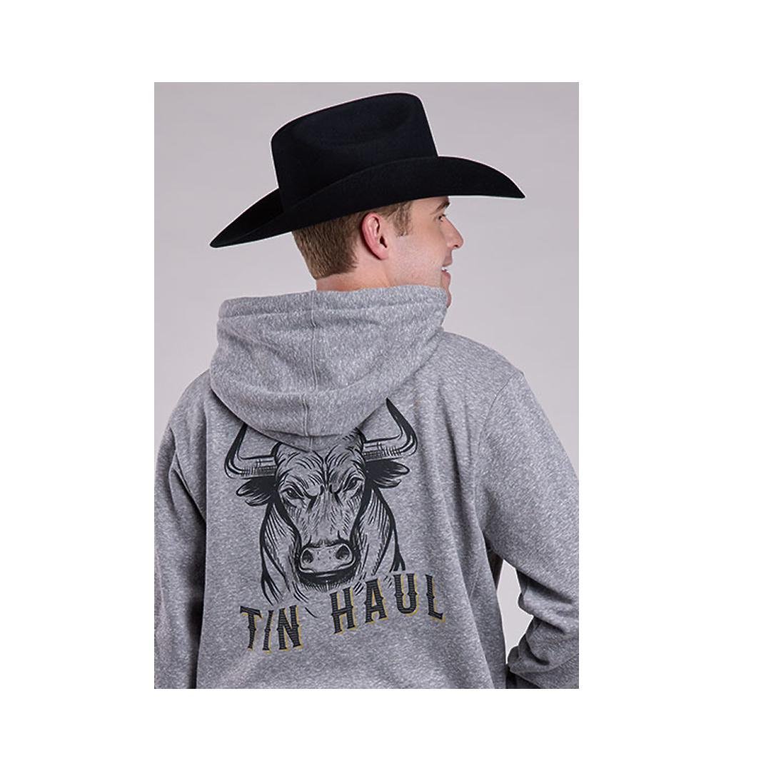 Tin Haul Men's Hoodie Bull Full Screen On Back Grey - Tin Haul