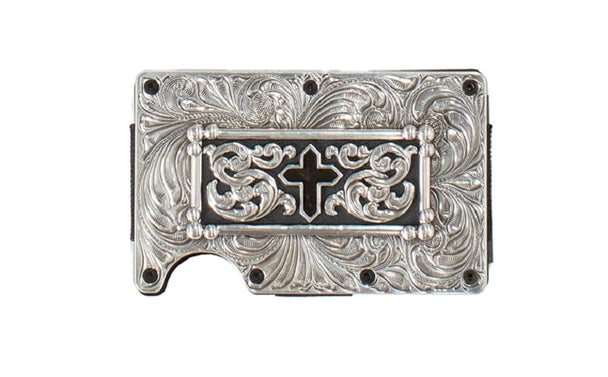 3D Mens Smart Wallet Scroll Engraved Silver