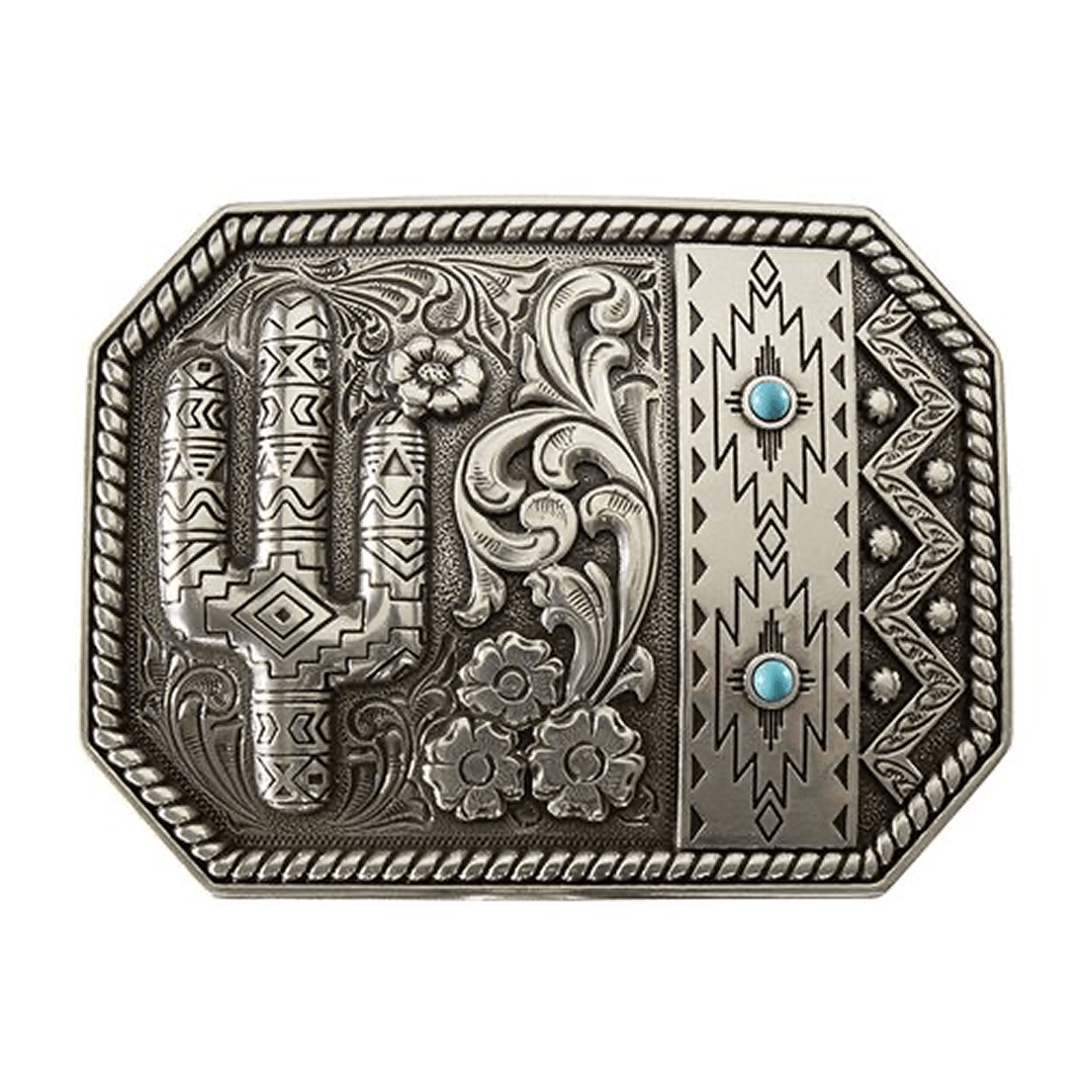 M&F Nocona Blazin Roxx Cactus Antique Silver/Turquoise Buckle - M&F Western Products