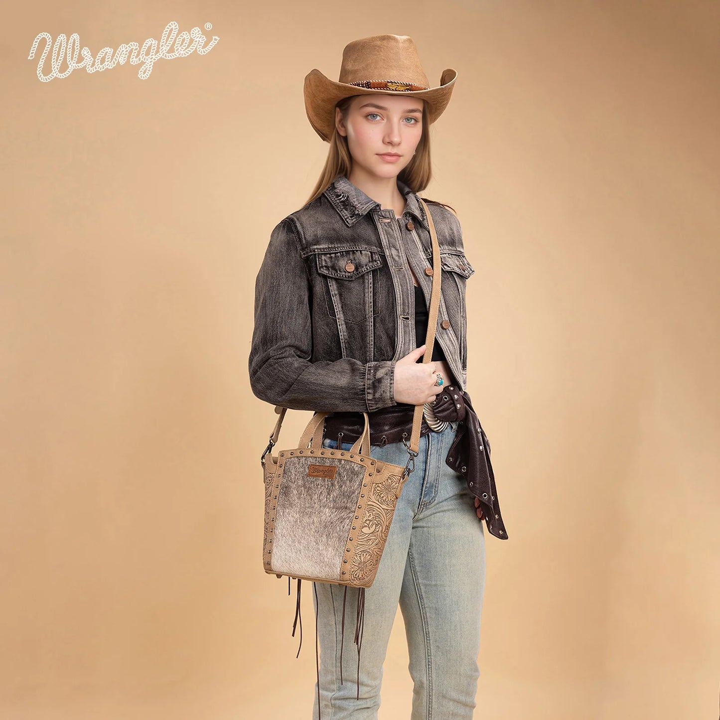 Wrangler Genuine Hair-On Cowhide Tote/Crossbody - Tan weis-western-wear
