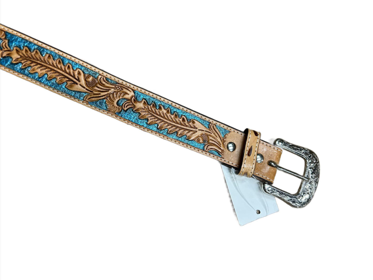 Western Fashion Accessories Twisted X Metallic Turquoise Tooled Leaf Leather Belt