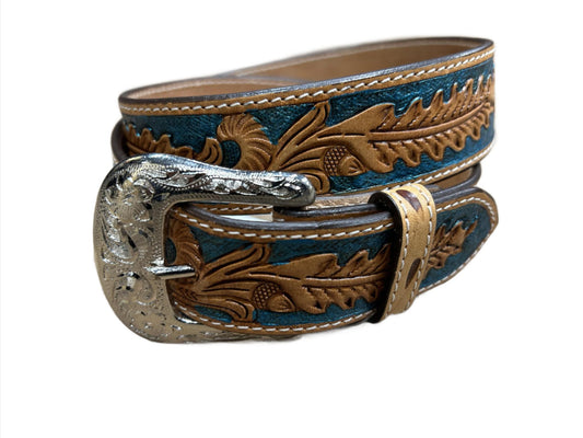 Western Fashion Accessories Twisted X Metallic Turquoise Tooled Leaf Leather Belt X-1037
