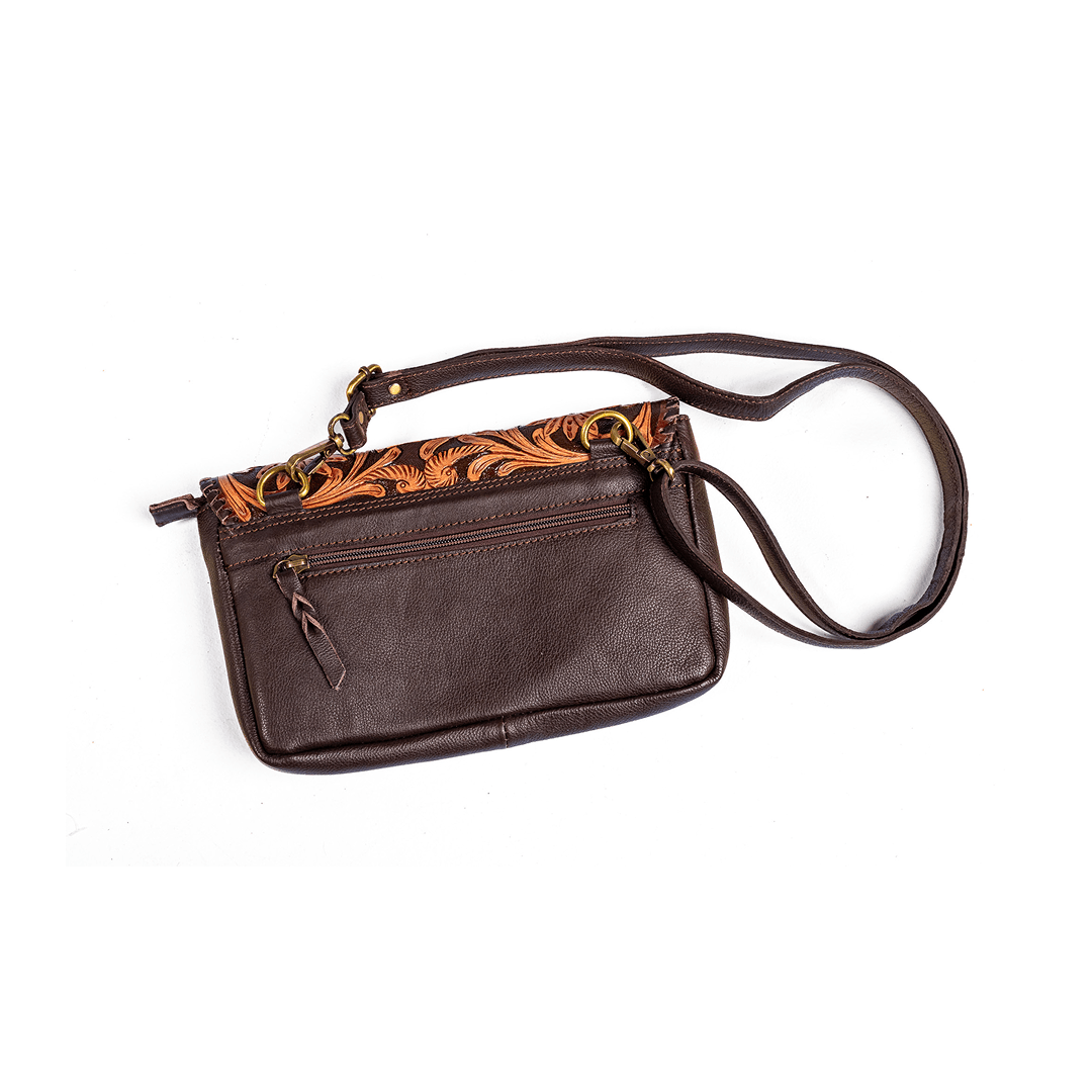Western Linen Brown Tooled Leather Cowhide Crossbody Bag - Western Linen
