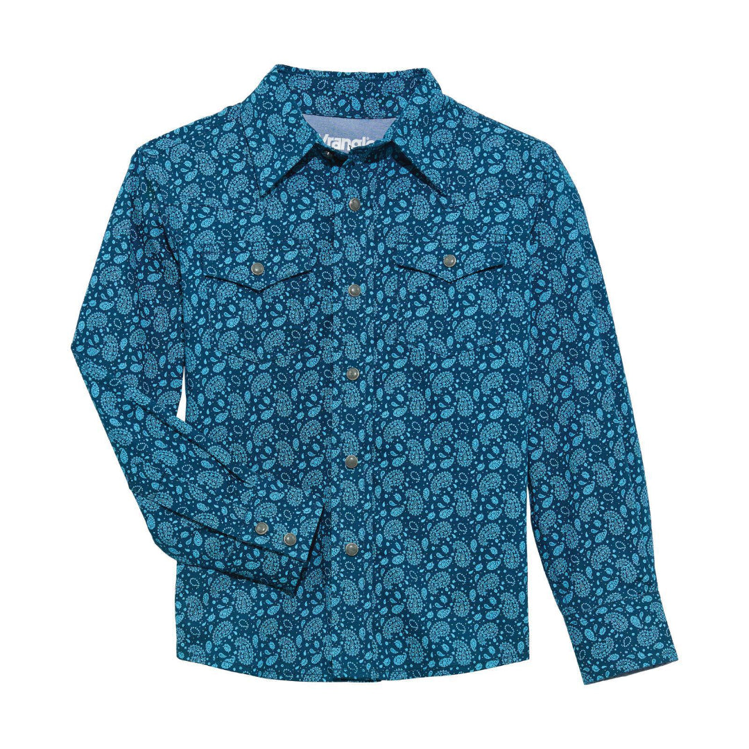 Wrangler Boy's 20X Advanced Comfort Long Sleeve Shirt- Navy/ Turquoise