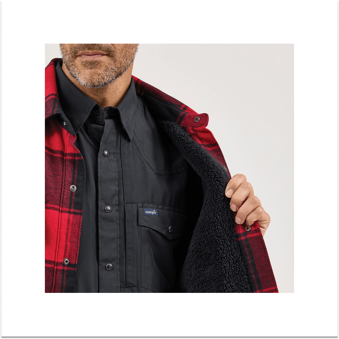 Wrangler Men's Flannel Shirt Jacket Sherpa Lined Red Buffalo - Wrangler
