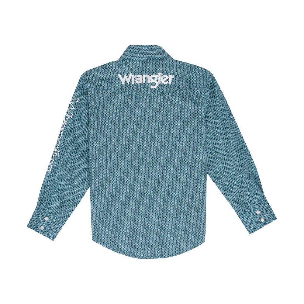 Wrangler Youth Boy's LOGO Long Sleeve Snap Shirt, Turquoise CLEARANCE