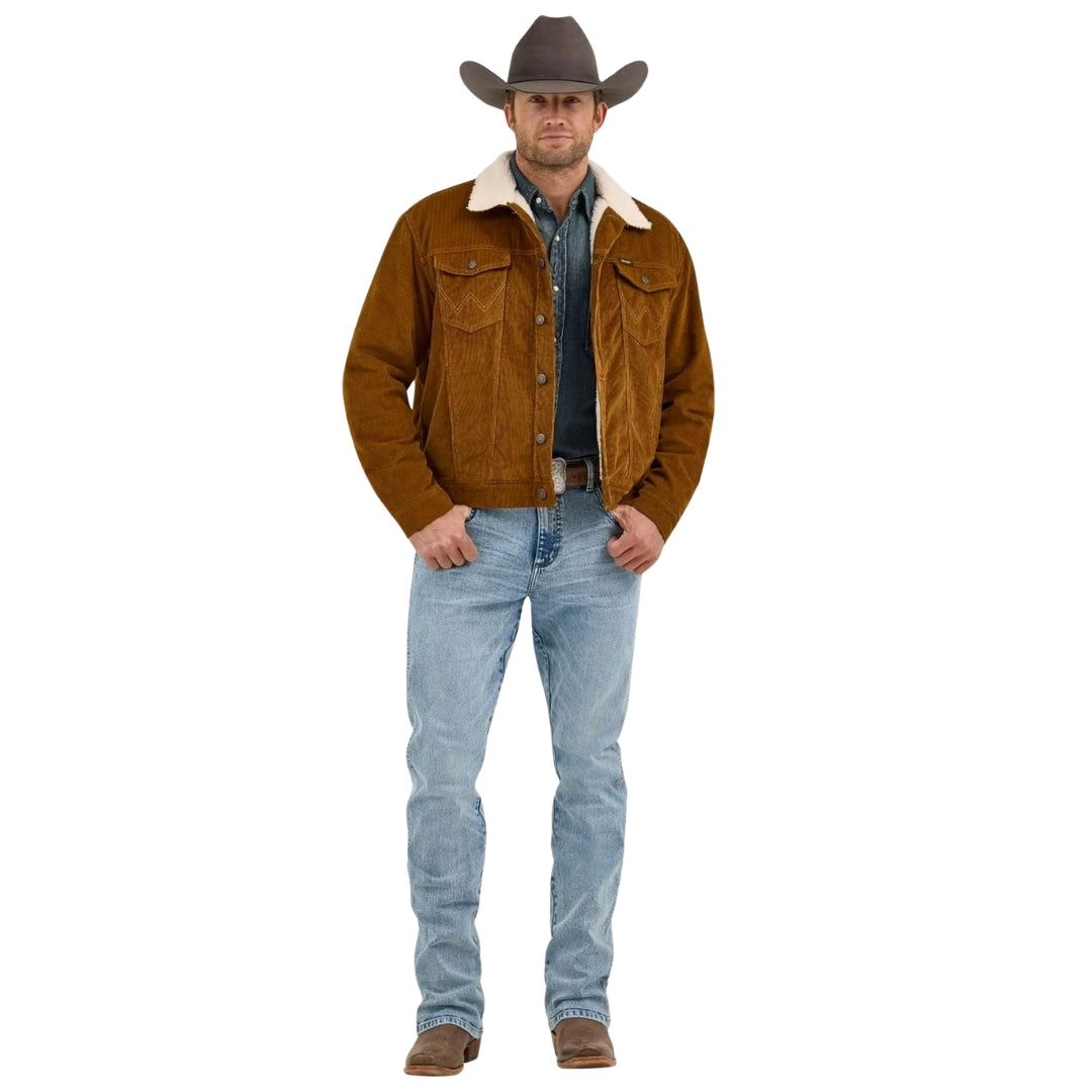Wrangler corduroy sherpa jacket worn open, tobacco brown, full front view with jeans and boots.