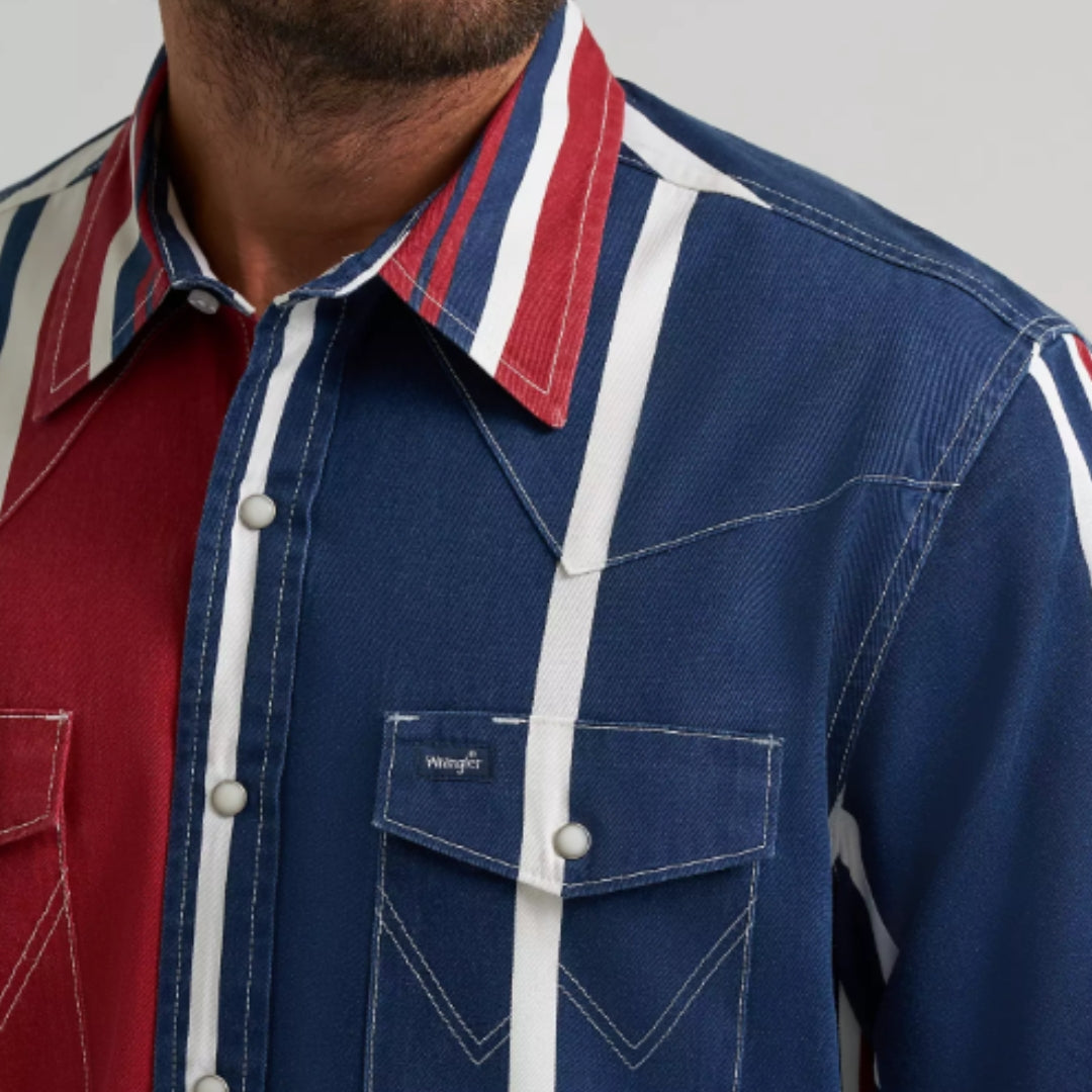 Wrangler Brushpopper snap shirt in neon pink, turquoise, and black, detail view on model.