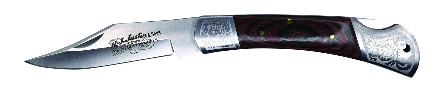 Justin Folding Knife With Wooden Handle and Etching weis-western-wear