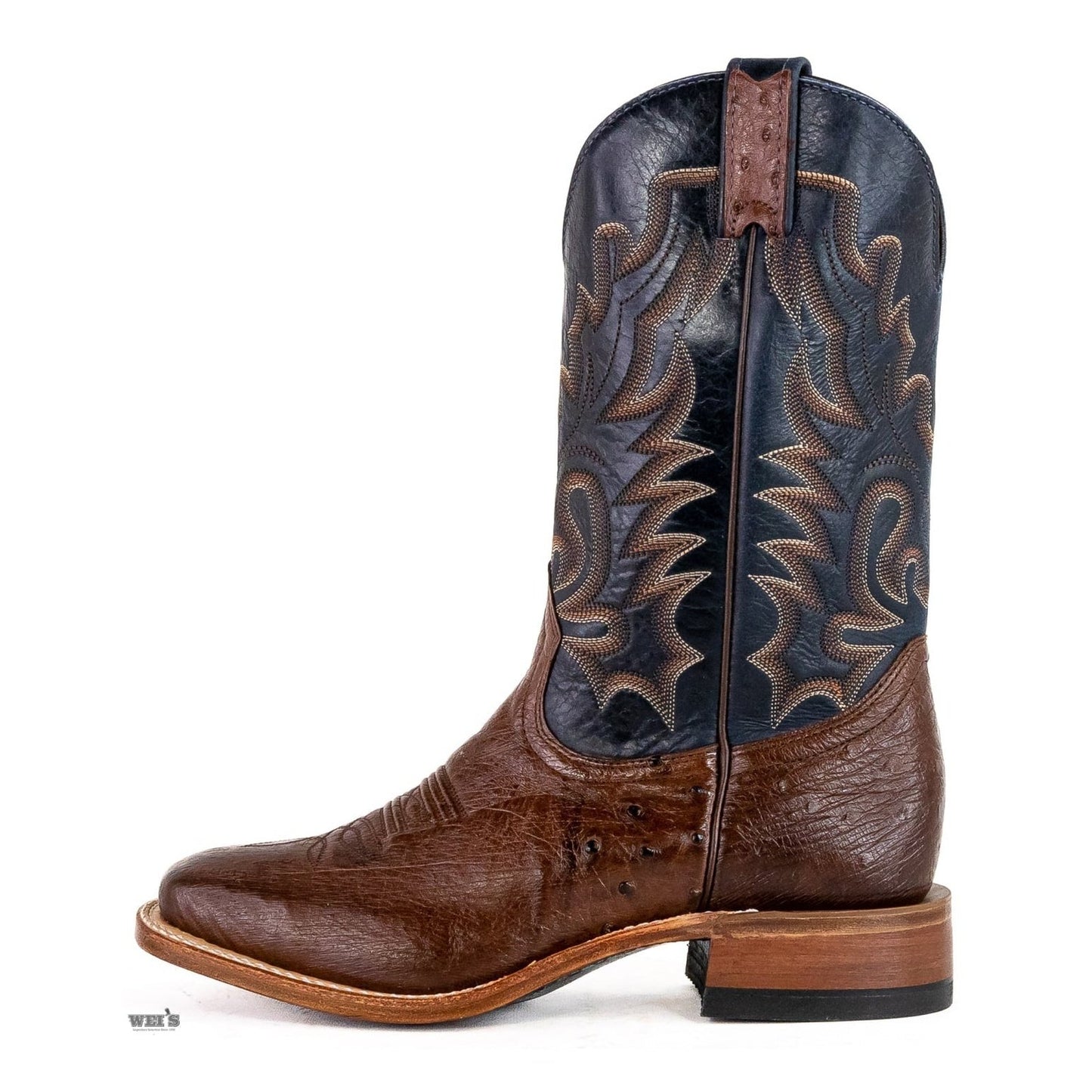 Boulet Men's Cowboy Boots 13" Exotic Ostrich Belly Roper Heel Wide Square Toe