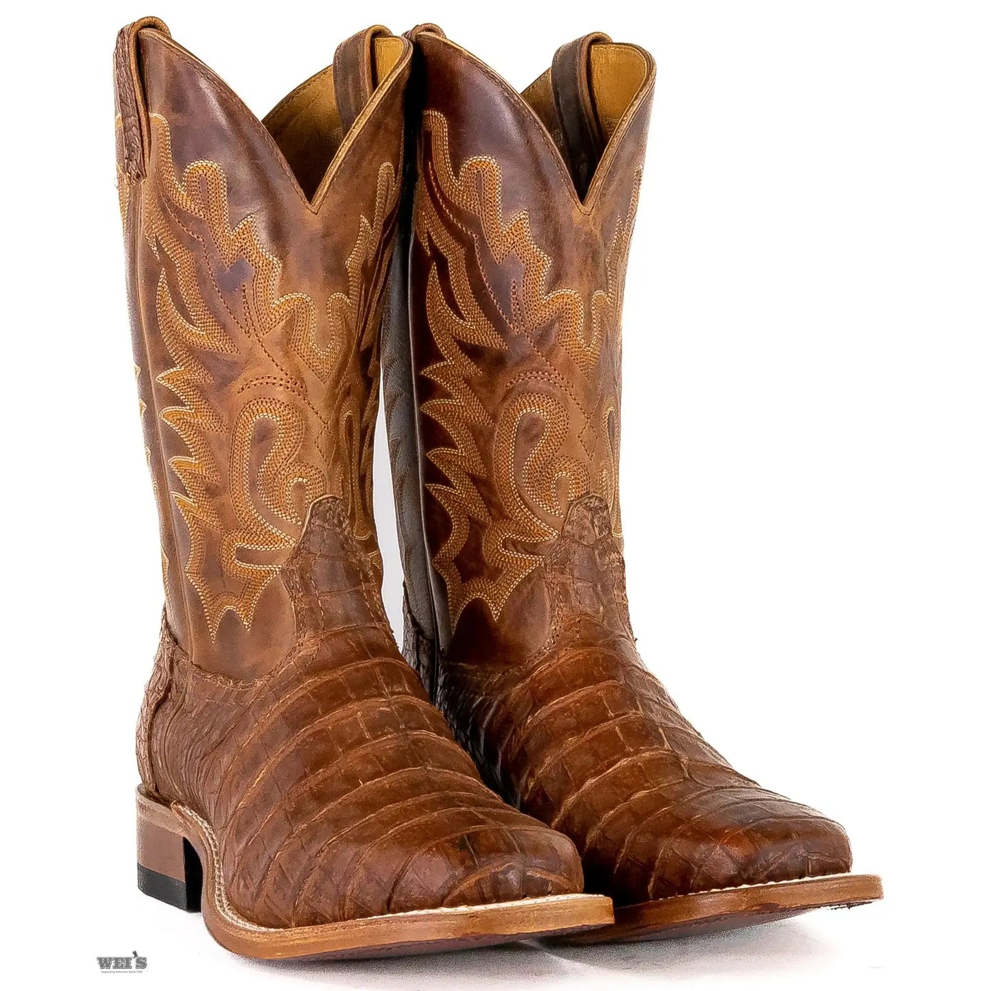 Boulet exotic Caiman belly wide square toe boot, bottom-up view of the heavy-duty leather outsole.