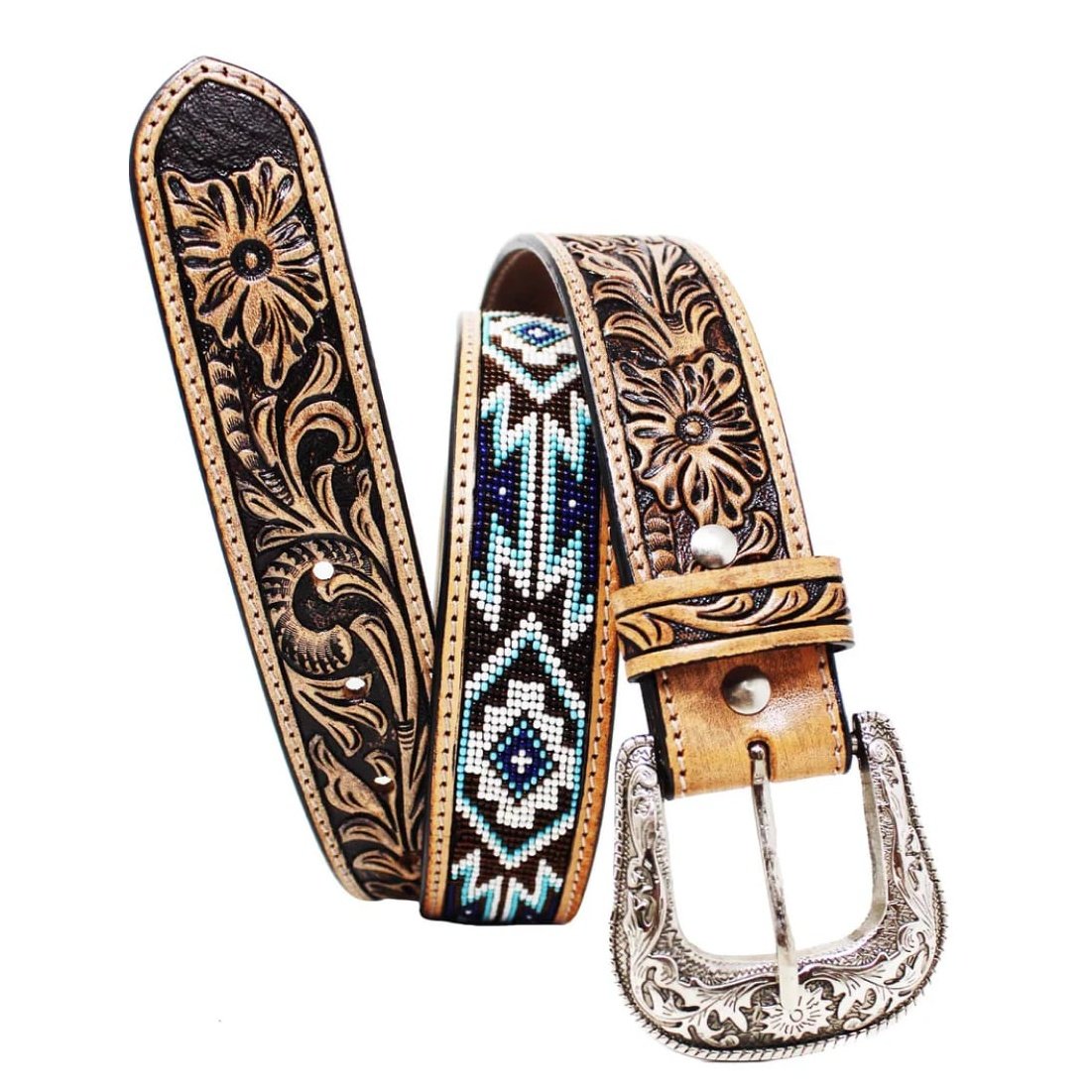 Challenger Men’s Belt Leather Tooled Floral Design Bead Inlay 26FK33