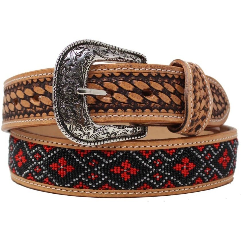 Challenger Unisex Belt Leather Tooled Floral Design with Bead Inlay