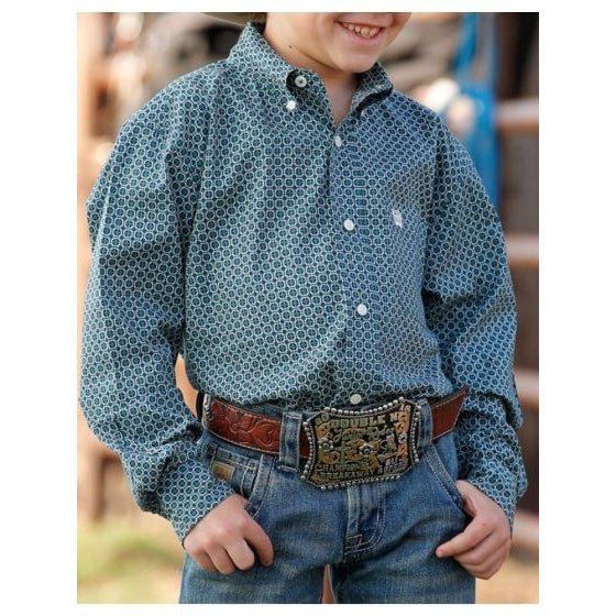 Cinch Boy's Shirt Long Sleeve Green/White Print