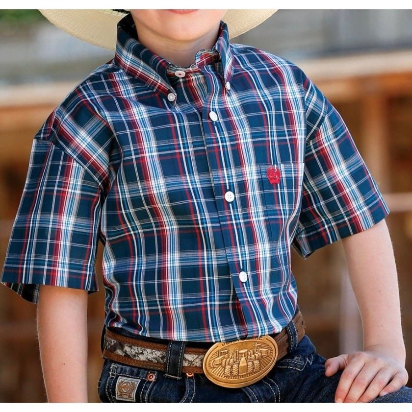 Cinch Boy’s Shirt Short Sleeve Button Down Navy Blue Plaid