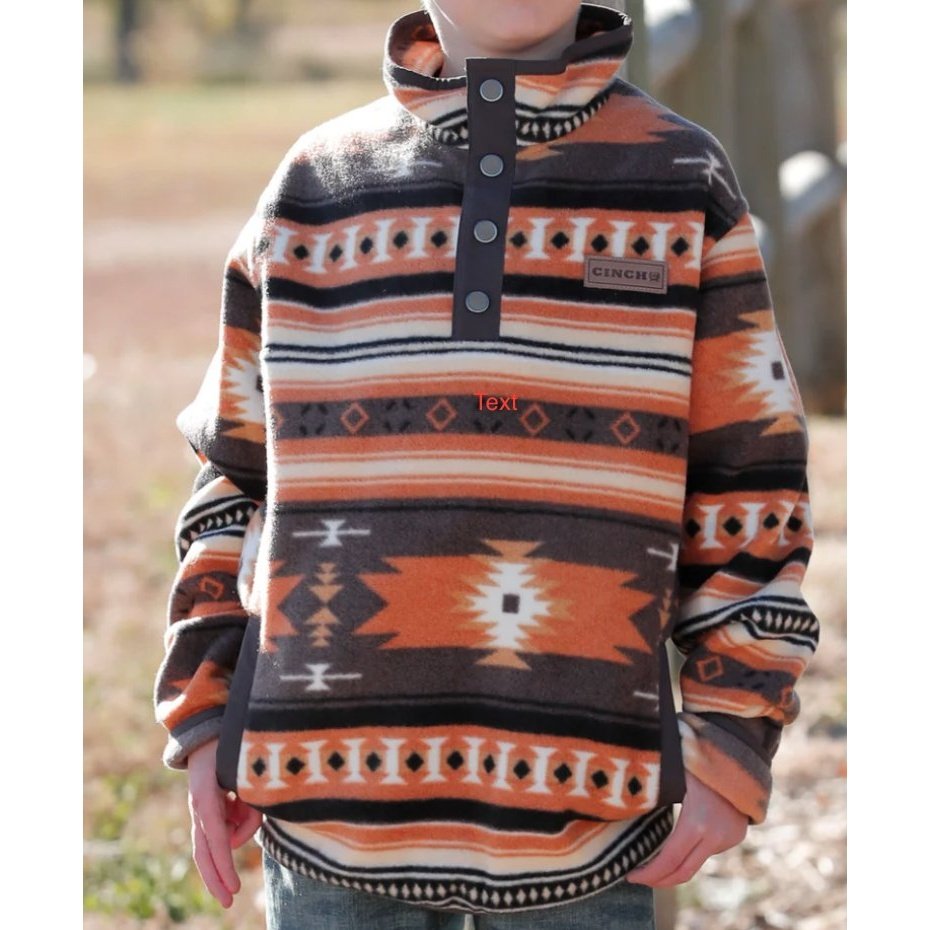 Cinch Kid's Polar Fleece Pullover Orange/Brown Navajo Print