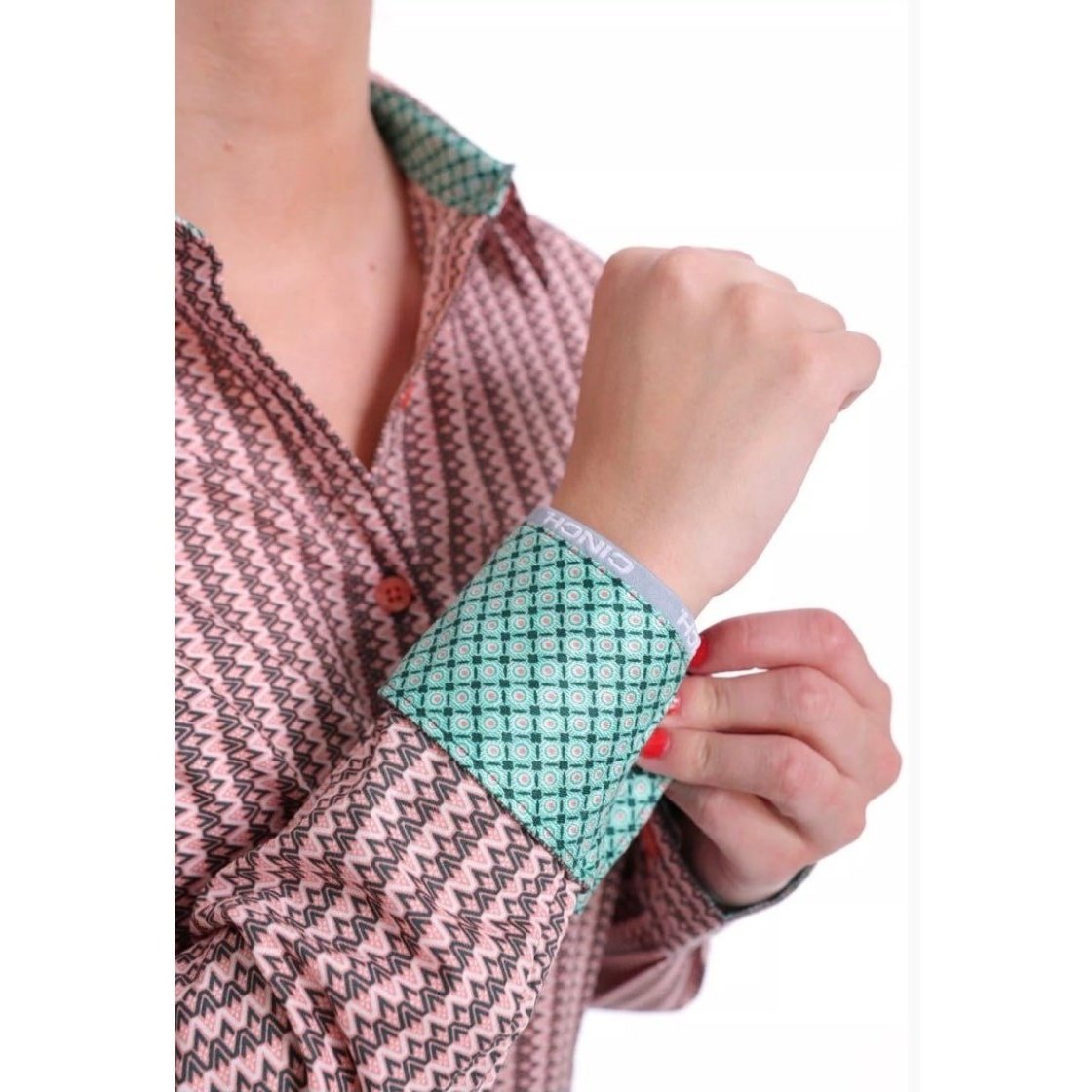 Cinch Women’s Western Shirt Long Sleeve Green/Coral Geometric- Clearance