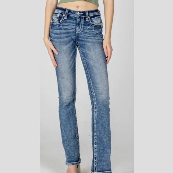 Miss Me Women’s Jeans Mid Rise Floral Distress Bootcut M910SB