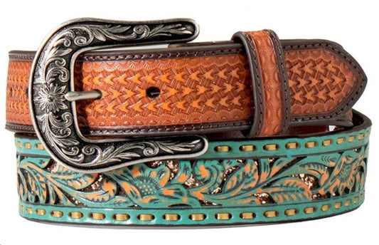 Nocona Women's Turquoise Floral With Copper Glitter Inlay Belt N320000633 - Nocona