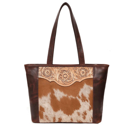 RodeoBar Florida Tooled & Hair On Hide Leather Tote Bag LB401A01, LB401A02 - RodeoBar