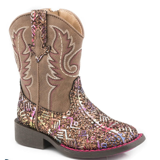 Roper Toddler Girl’s Brown Faux Leather Glitter Aztec Cowboy Boots 09-017-1225-2986 - Roper
