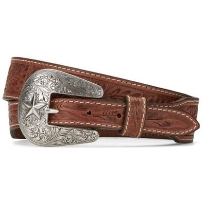 Tony Lama Men’s Belt Austin Floral Tooled with Silver Plated Buckle