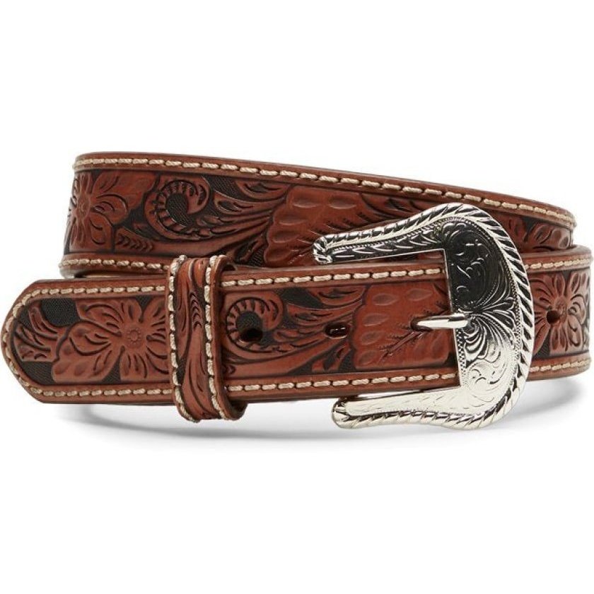 Tony Lama Men’s Belt Leather Floral Tooled High Polish Buckle