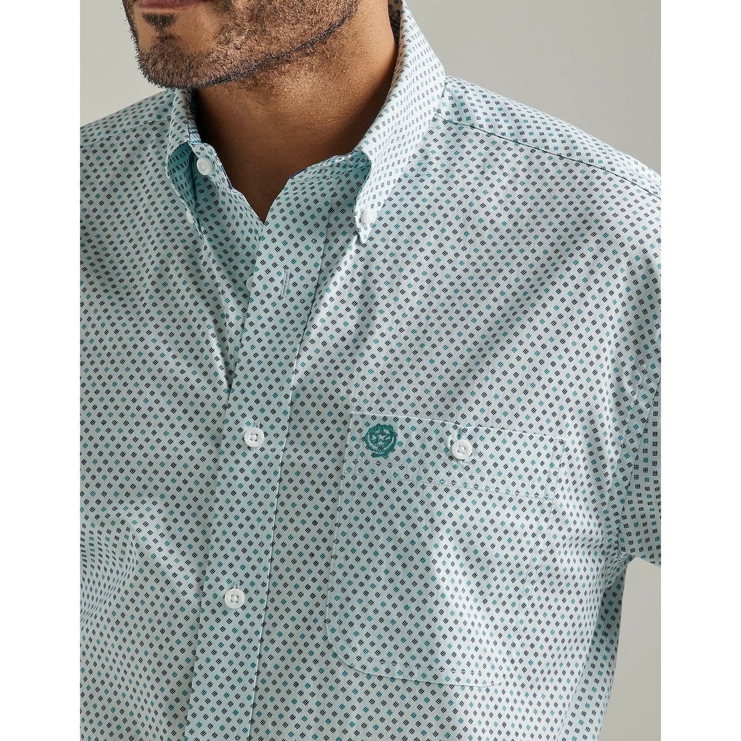Wrangler Men’s George Strait Short Sleeve Button Down 1 Pocket Aqua Board