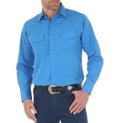 Wrangler Men's Shirt Long Sleeve Western Snaps Dobby Striped 75773BL - Wrangler